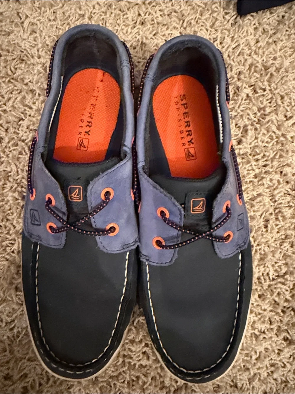 Sperry Navy and Light Blue Boat Shoes with Orange Details Big Kids Size 5
